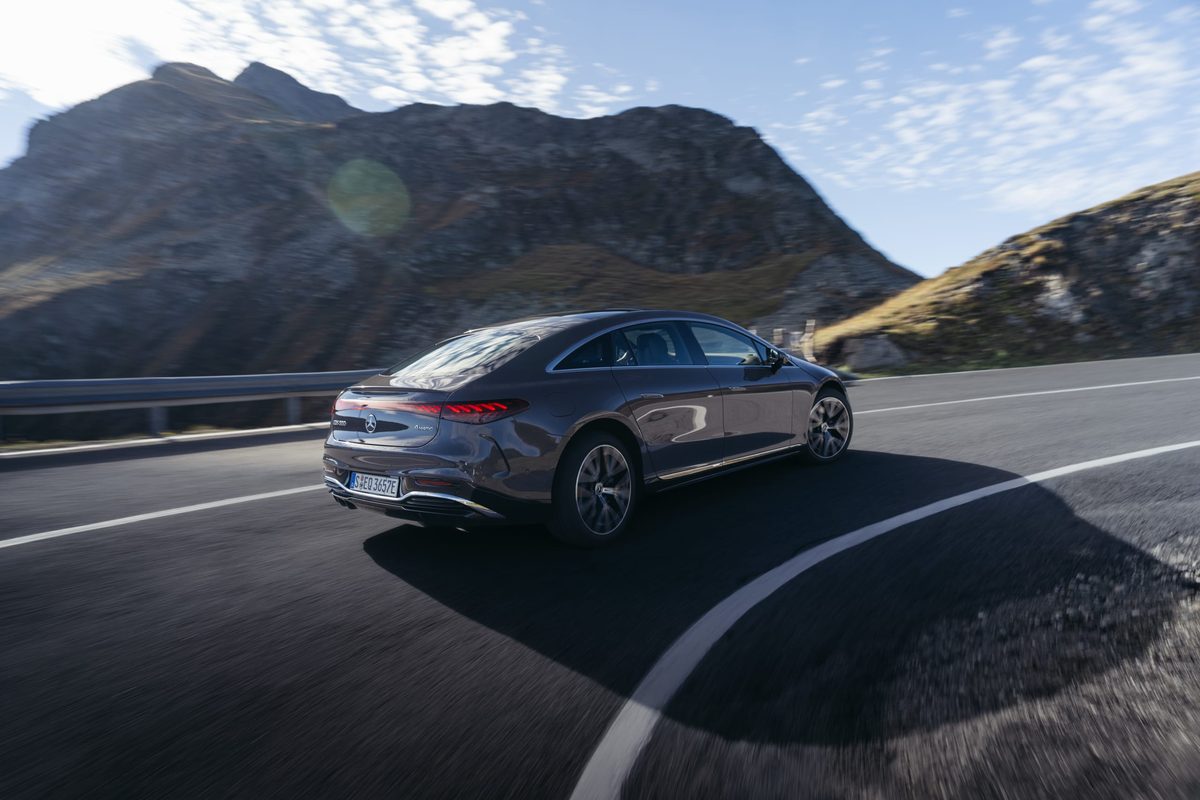 Mercedes-Benz EQS cornering on a mountain road