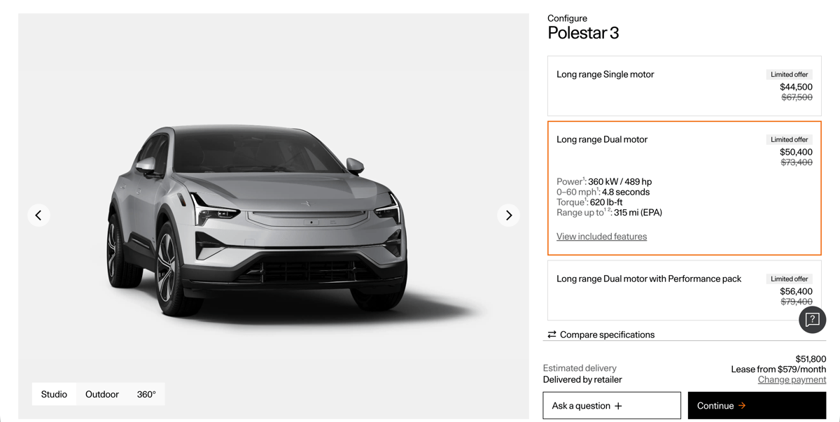 Polestar 3 configurator showing a discounted price